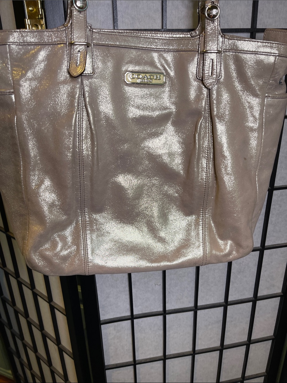 Coach Metallic Taupe Shoulder Tote with Gold Plaque